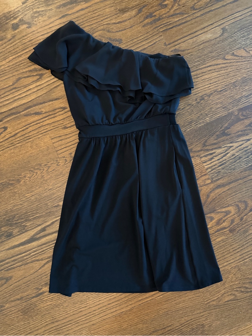 White House Black Market One-Shoulder Black Ruffle Dress